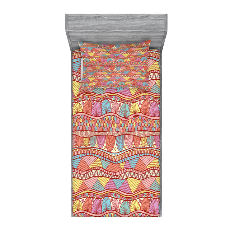 Ensemble de draps ikat dessiné à la main tourbillons, Ensemble de draps pour lit simple TG avec drap-hou