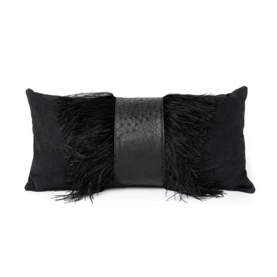 Feather Trim Suede Lumbar Pillow