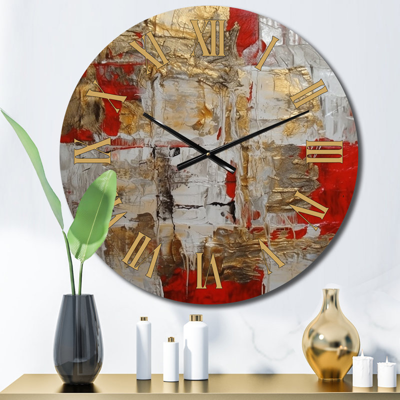 Horloge murale surdimensionnée, or rouge, peinture abstraite décor - Cardinal Sin Retro Delight abstrait rouge et or I, Petit