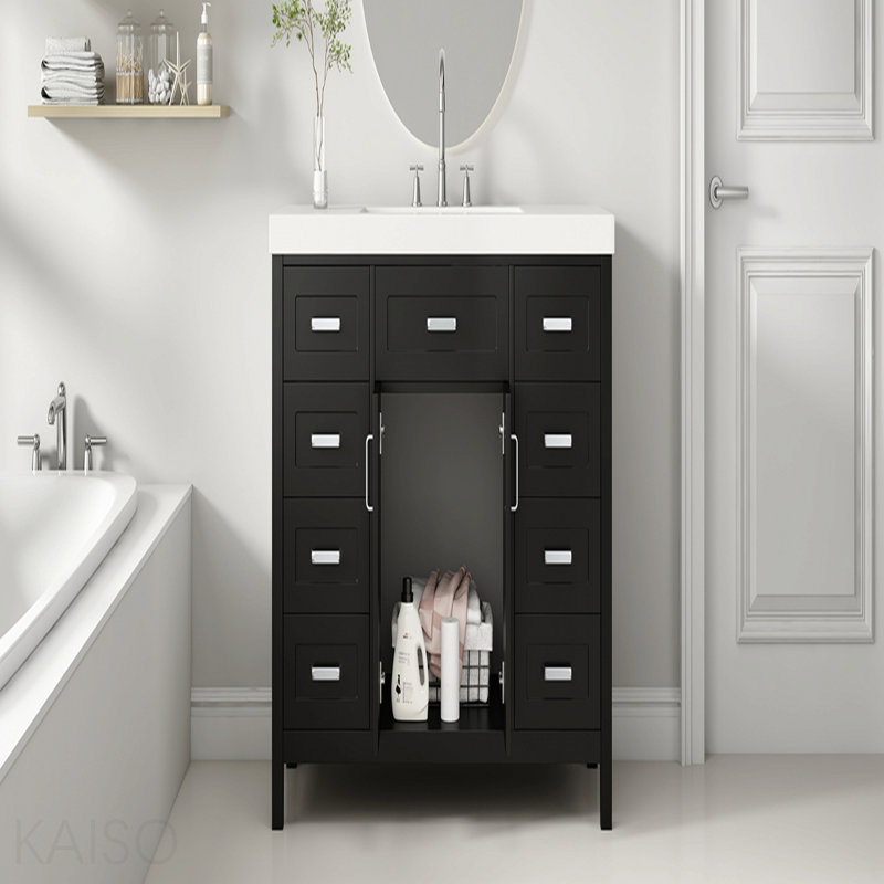 Meuble-lavabo 48 po avec lavabo, 2 portes et 8 tiroirs, système de fermeture en douceur, design classique, noir, Noir