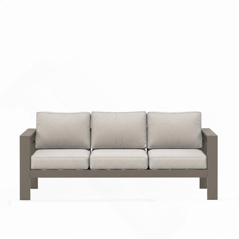 75" All-Weather Metal 3-Seat Patio Sofa Couch With Thick Beige Cushions & Khaki Frame, Khaki