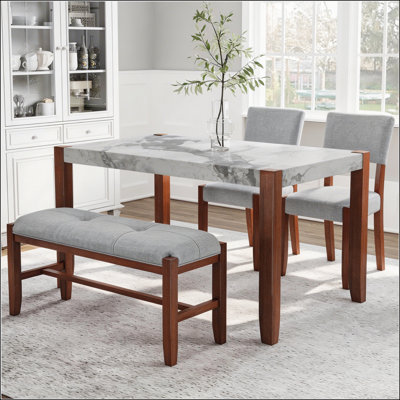 4-Piece Dining Set with Faux Marble Table, Upholstered Chairs, and Bench, Space-Saving Design for Modern Dining Rooms, Gray