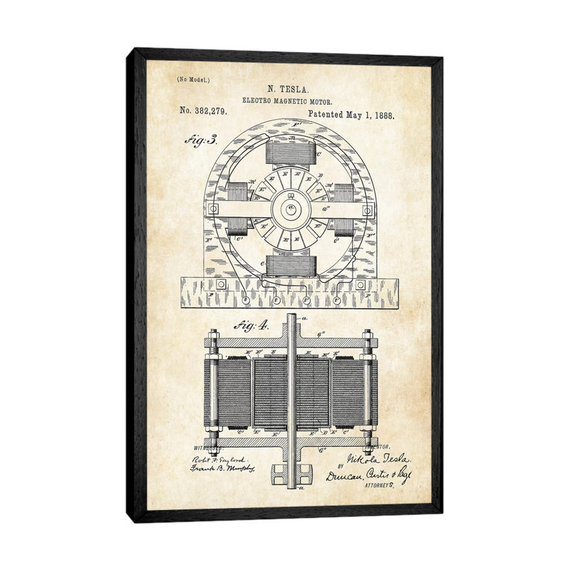 Nikola Tesla Electromagnetic Motor by Patent77 - Floater Frame Gallery-Wrapped Canvas Giclée on Canvas, Black