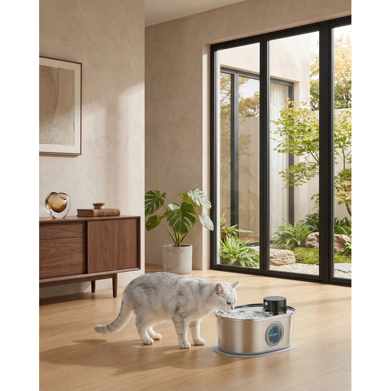 Fontaine à eau pour chat sans fil à piles, en acier inoxydable, distributeur d'eau automatique sans fil avec robinet en métal, rechargeable, comprend 1 filtre