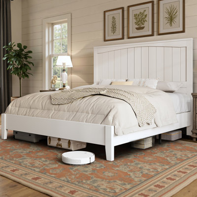  Structure de lit double en bois massif avec tête de lit Adainville 48,4 po, blanc