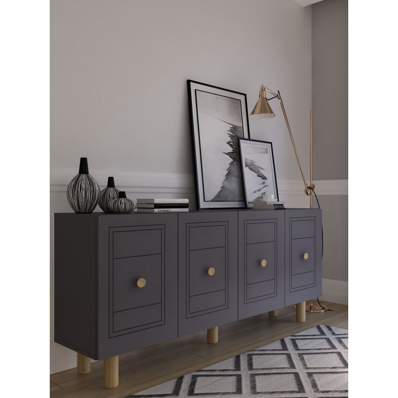 Buffet 4 portes avec faux panneaux de tiroir et pieds fuselés, Anthracite