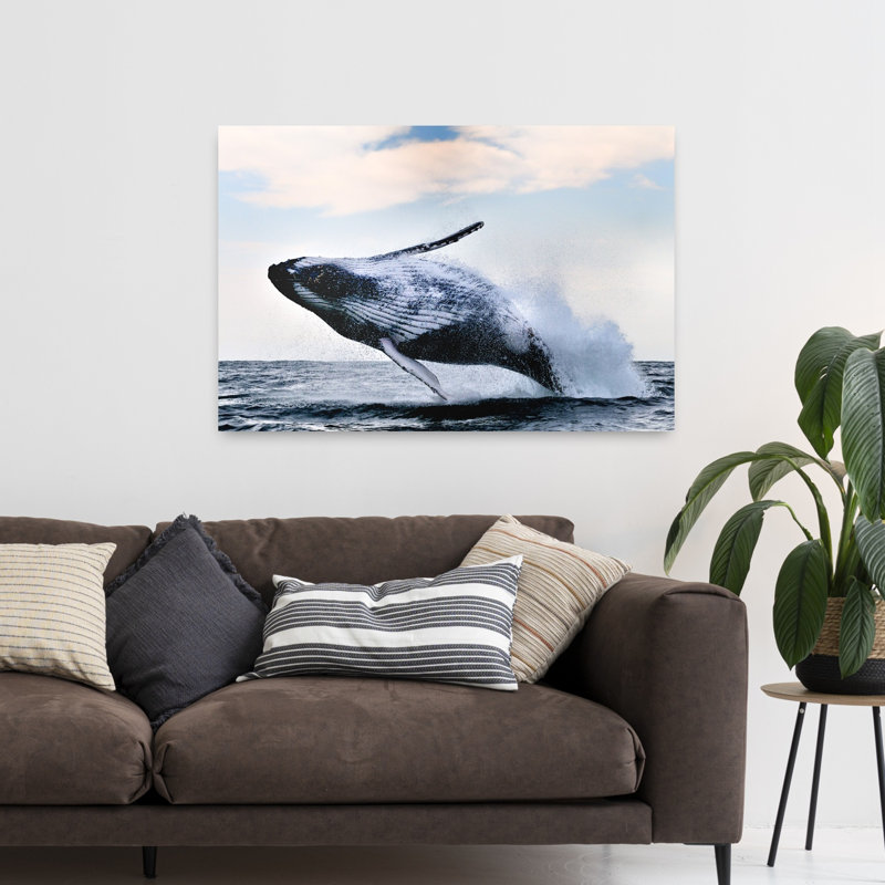 Giant Humpback Breaching Dramatic Abstract Contemporary Whale Nature Ocean Wall Art, 32" H x 48" W