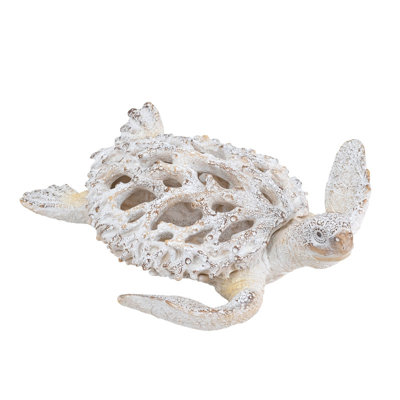 Statue de tortue en polyrésine 13,2 x 12,2 x 3,9 po avec motif de récif de corail blanc