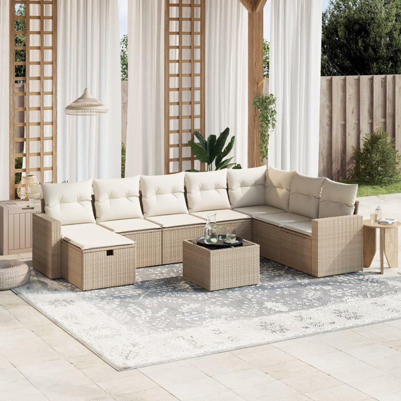 Ensemble de canapé de jardin Vidaxl Beige Poly rotin, acier, verre trempé grand