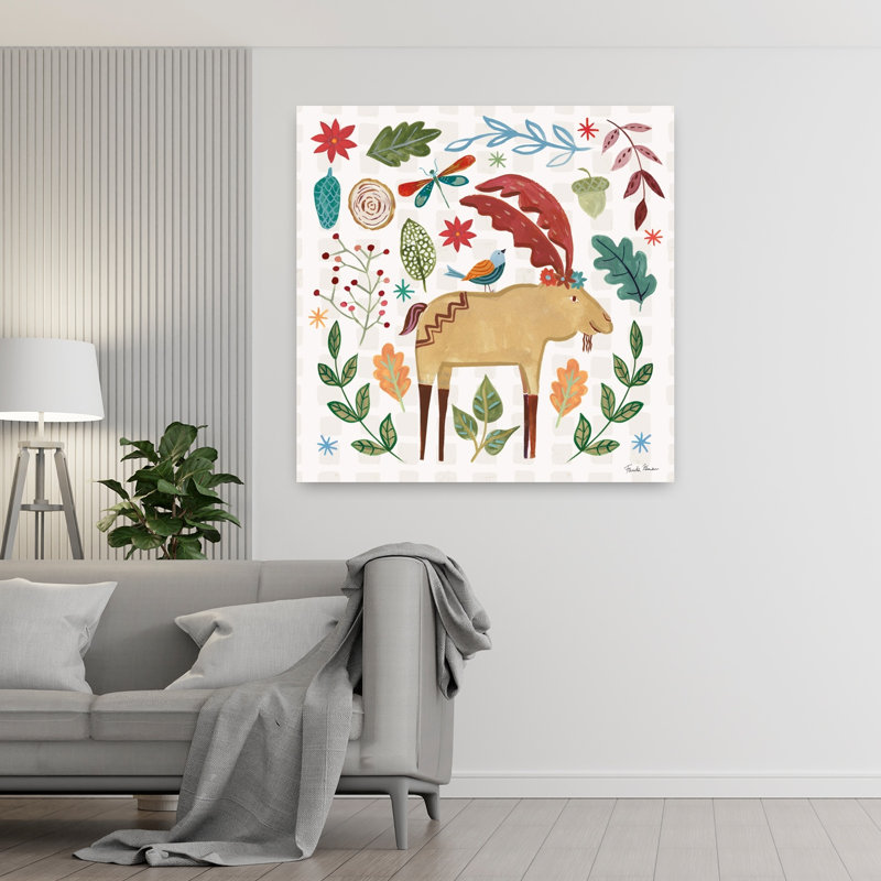 Art contemporain ivoire fantaisiste avec animaux bleu, H 48 po x l 48 po