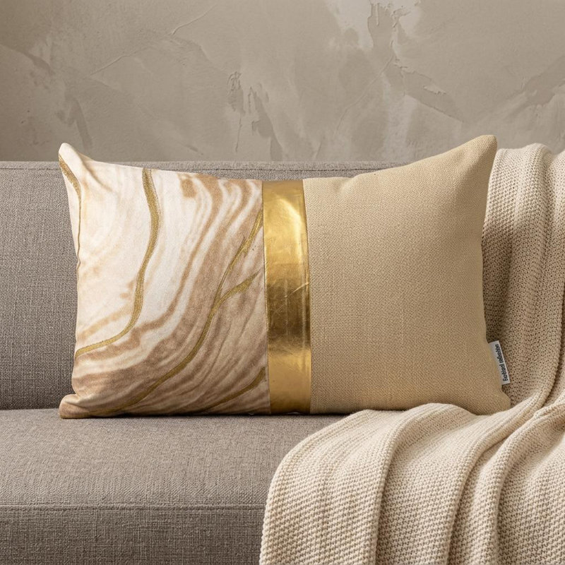 Coussin décoratif en mélange de coton rayé beige et doré 14 po x 20 po