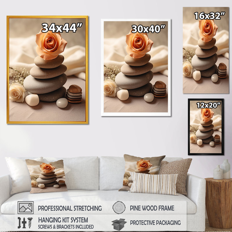 «Pink Rose on Zen Stone Cairn Sculpture», reproduction sur toile, H 20 po x l 12 po x P 1 po, Cadre simple argenté