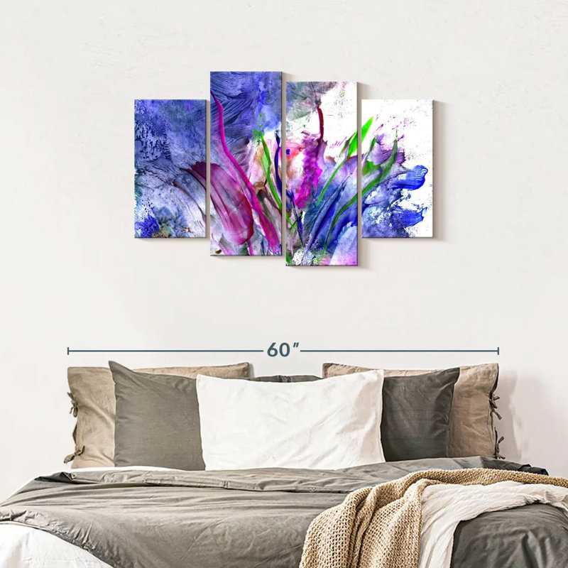 Ensemble de 4 fleurs abstraites sur toile, H 43 po x l 27 po x P 1,25 po