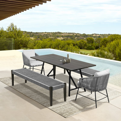 Ketlin Rectangular Outdoor Dining Set in Dark Eucalyptus Wood and Gray Rope and Cushions