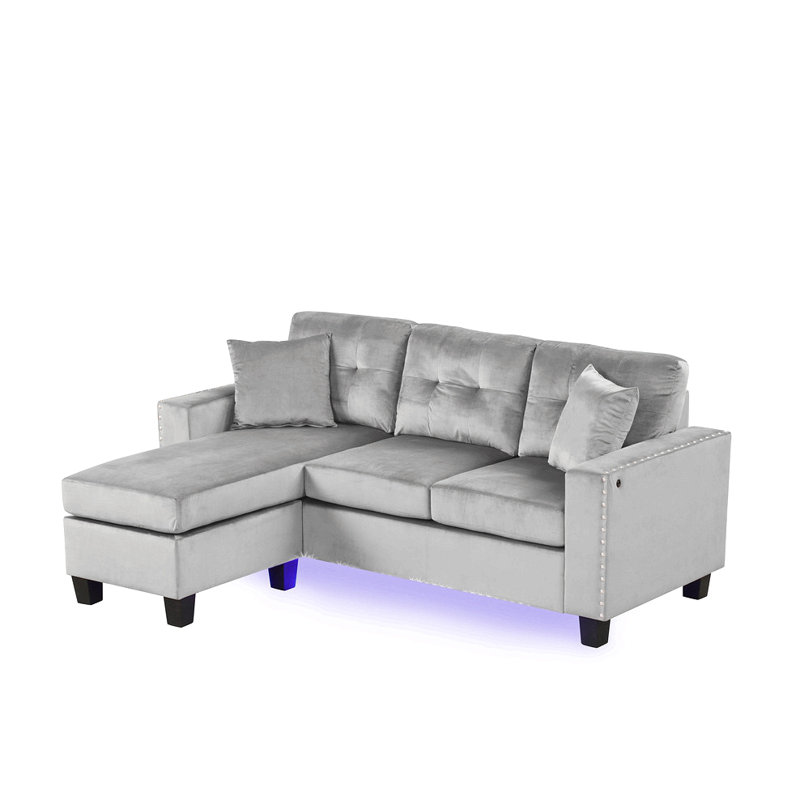 74"W Reversible Sectional Sofa Chaise With Led Light, Usb Port, Nailhead Trim, Throw Pillows, Tufted Cushion