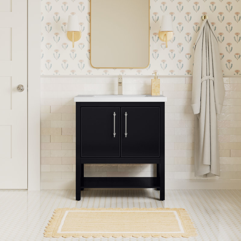 Jewell 30'' Single Bathroom Vanity with Ceramic Top, Black/Brushed Nickel