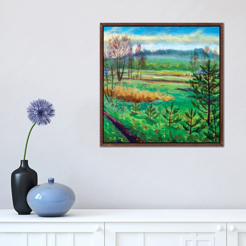 Green Meadows Fields Foggy Forest Hill by Valery Rybakow - Painting on Canvas, Brown Framed Canvas, 45.72 cm H x 45.72 cm W