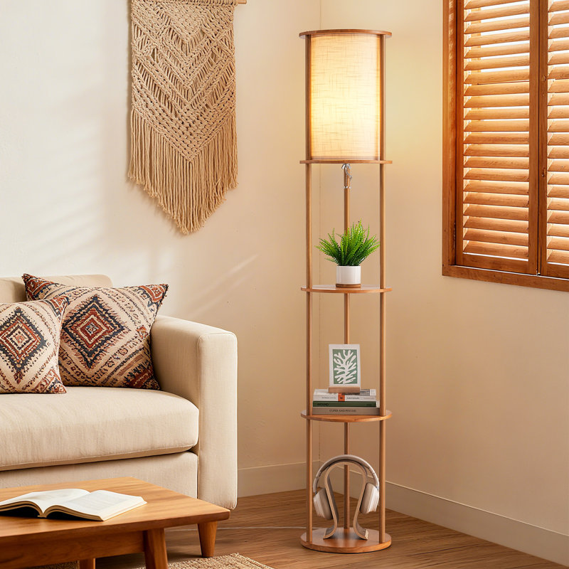 Lampe sur pied colonne 63,8 "avec tablettes en bois massif (ampoule incluse), Noyer