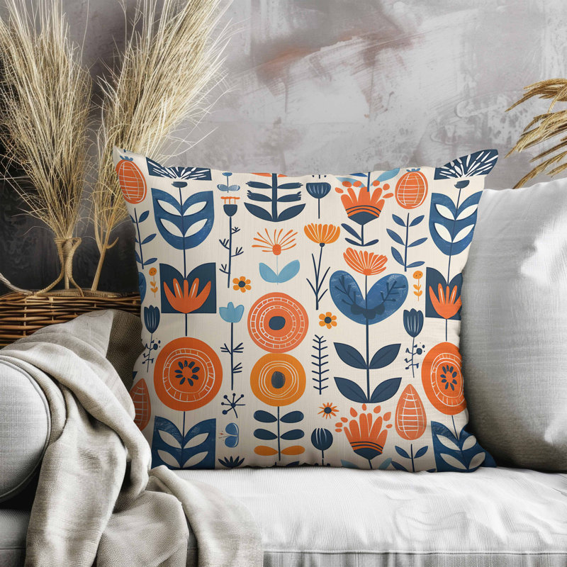 Coussin en suède Baltic Blossoms, Square 16", Bleu / beige / orange