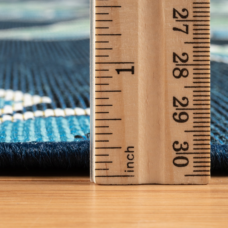 Reyn Spooner Kona Coast Kukui Blue/Green Tropical Leaf Indoor/Outdoor Flatweave Area Rug, Runner 2'1" x 6'