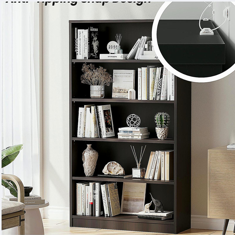 5 Tier Bookcase Modern Wood Bookshelf, Black
