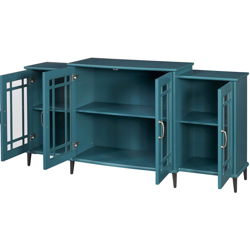 Buffet de 157 cm (62 po) bleu turquoise, fabriqué avec des matériaux de qualité et des composants en verre. Structure de meuble télé bleue. Aménagement d'étagères pratique.