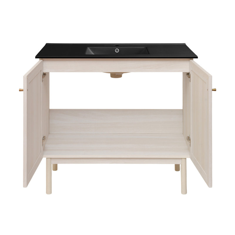 Meuble-lavabo autoportant en chêne blanc Classe 36 avec plateau noir Class, Chêne blanc, Black, Single-Hole