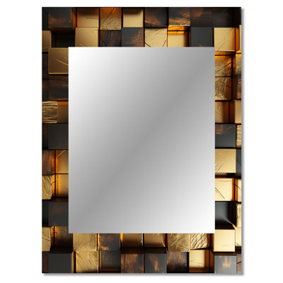 Black and gold abstract cubes I - Geometric Decorative Wall Mirror, Gold Large Mirror, Printed Metal Art