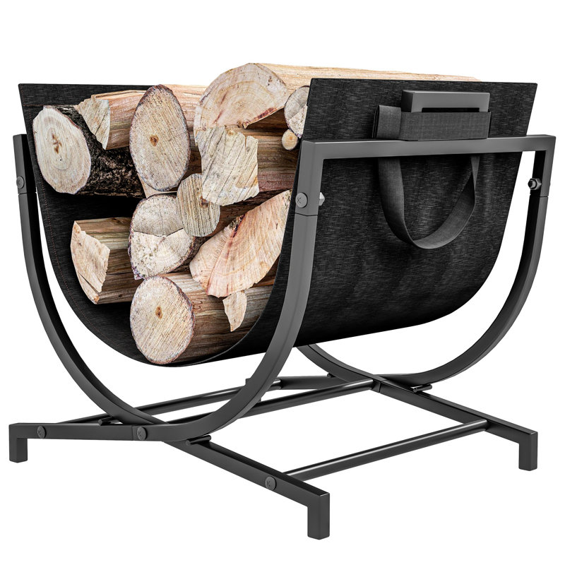 Black Steel Folding Firewood Rack with Canvas Carrier