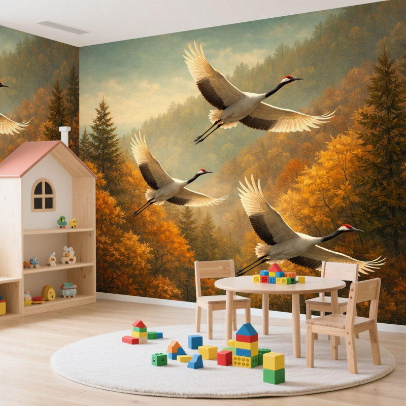 Papier peint adhésif auto-adhésif moderne pour la chambre à coucher Peel and Stick L 144 po x l 100 po avec grues gracieuses Autumn Forest