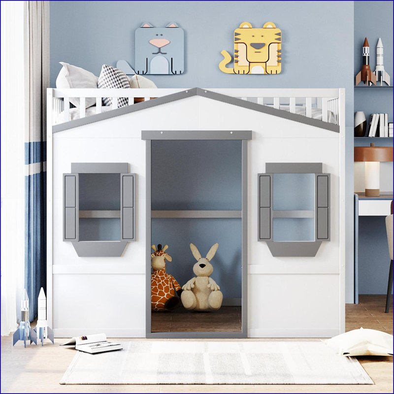 Full Size Pinewood Loft Bed Frame with Ladder - White &amp; Gray, No Box Spring Needed for Bedroom, White/Gray, Full