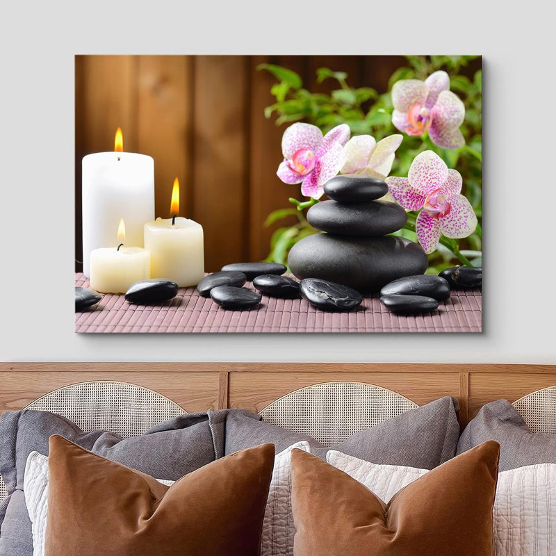 Motif zen pierres orchidées roses, massage zen, bougies blanches, nature sauvage sur toile, H 12 po x l 18 po x P 1,5 po