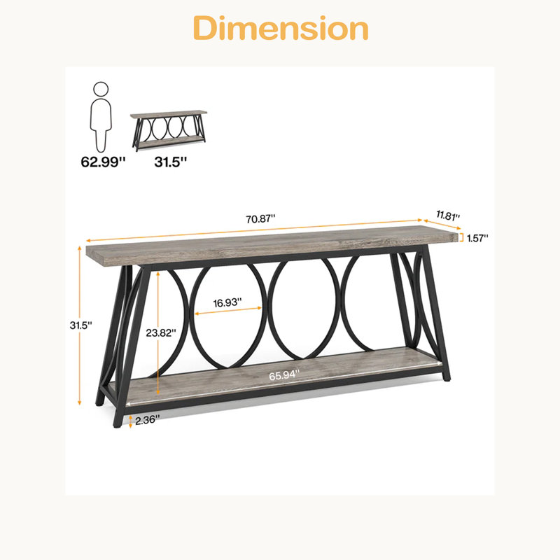 Table de couloir, console rétro, table de canapé robuste, Gris