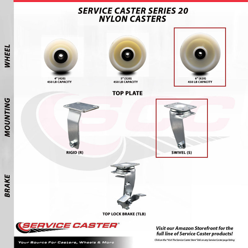6 Inch Nylon Swivel Caster Set with Roller Bearings 2 Brakes SCC