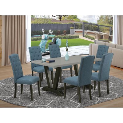 Aimable 7-Pc Kitchen Table Set - 6 Dining Chairs And 1 Modern Rectangular Cement Kitchen Table With Button Tufted Chair Back - Wire Brushed Black Fini -  Winston Porter, 094F1B9E90C14533A4B31E5A5A42FA90