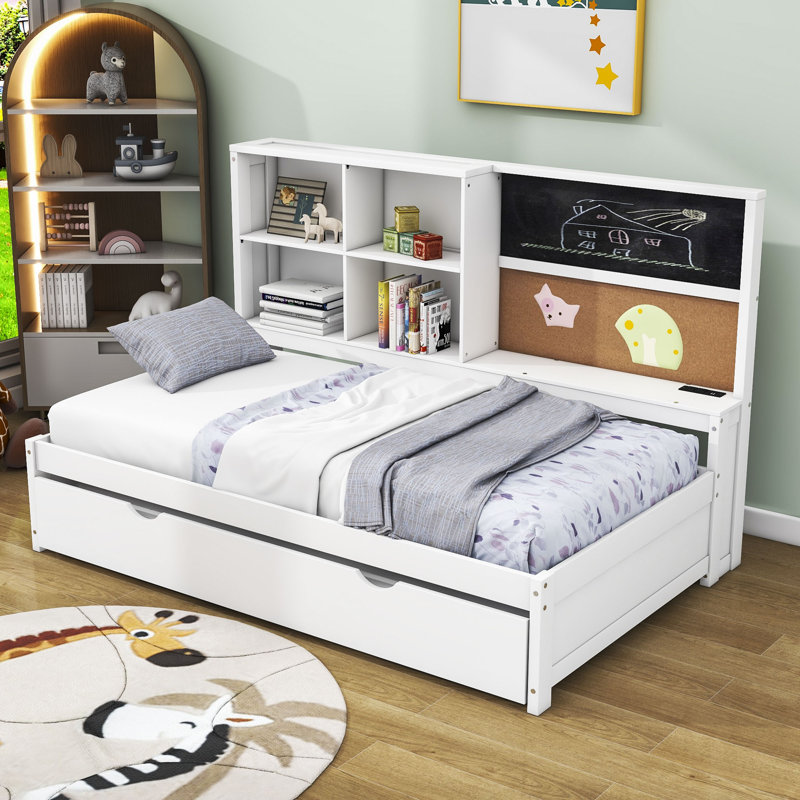 Adyant Wood Daybed with Trundle, Blackboard and Shelves, Twin