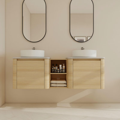 Ensemble de meuble-lavabo double 60 po avec lavabo en céramique et meuble-lavabo flottant avec portes à fermeture en douceur 60 po