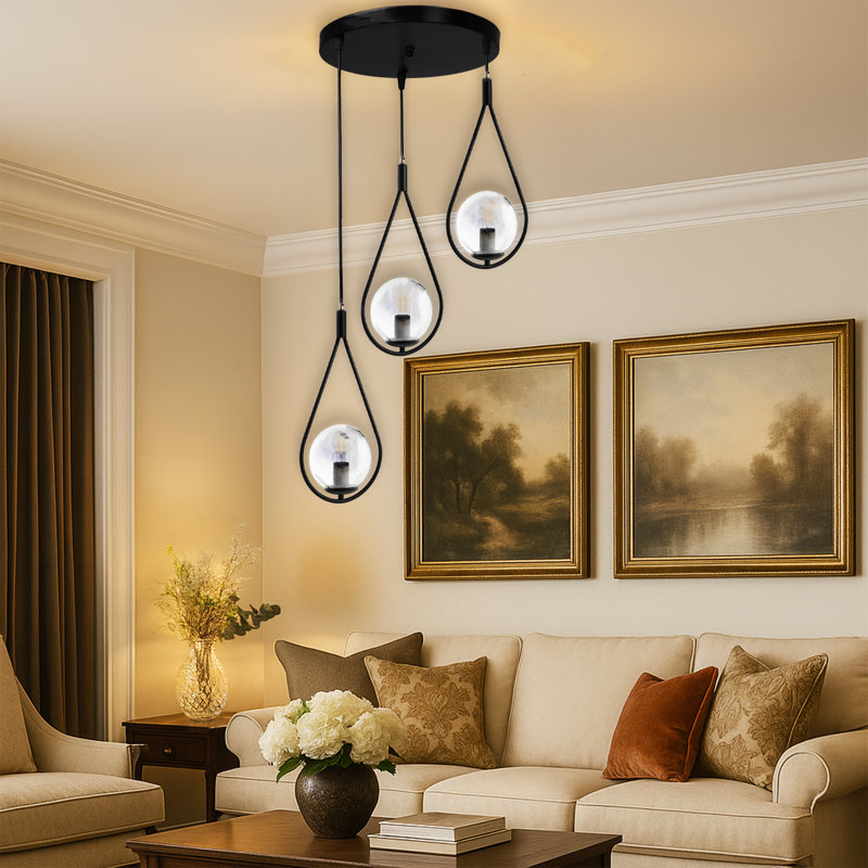 Luminaire suspendu en forme de globe en métal à hauteur réglable 3 lumières