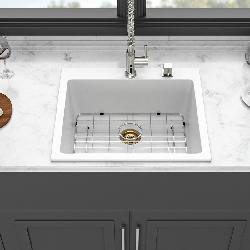 Évier de cuisine en quartz - Évier de cuisine encastré en granite blanc 25 x 22 po