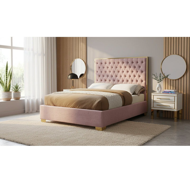 Lit plateforme tapissier capitonné Spadaro, Velours rose, Or, Double