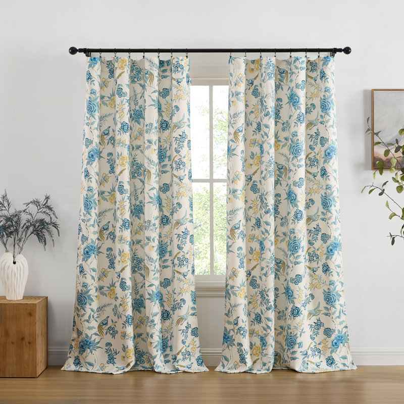 Scarlet Floral & Birds Patterned Window Back Tab Rod Pocket Curtains Bedroom - Light Blocking Darkening Window Panels, Set of 2