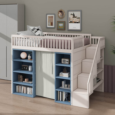 Full-Size Loft Bed With Two Four-Tier Storage Units And A Curtain