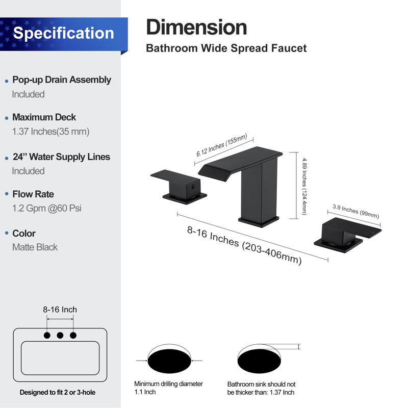 2-handle Bathroom Faucet with Drain Assembly, Matte Black