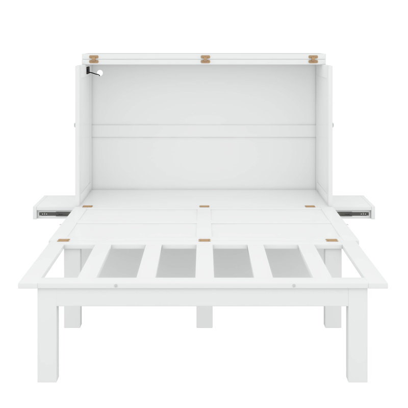 Lit escamotable double spacieux avec port USB et tablettes latérales amovibles, Blanc, Lit double