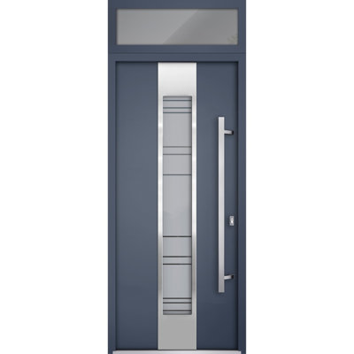 Porte avant en acier pré-suspendue à l'avant / deux fenêtres à graphite gris 0757 / partie supérieure avec insert en acier inoxydable simple peint moderne - l 36 po x H80 + 16 po - Gauche