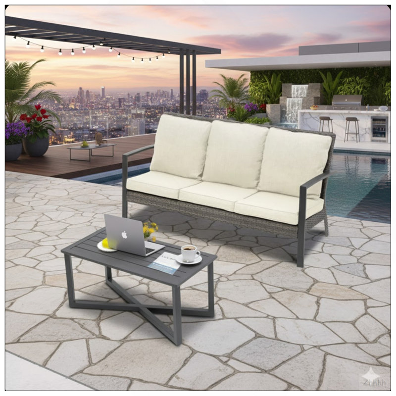 Ensemble de conversation de patio en osier 2 pièces avec coussins beiges et table basse, Beige Cushion/Brown Frame