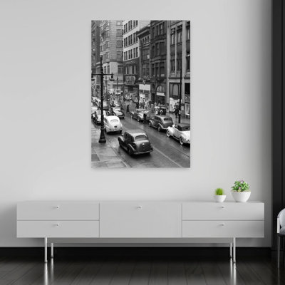 1940S Rainy Day On Chestnut Street Philadelphia Pa Cars Pedestrians Storefronts Classic Retro Vintage City Art