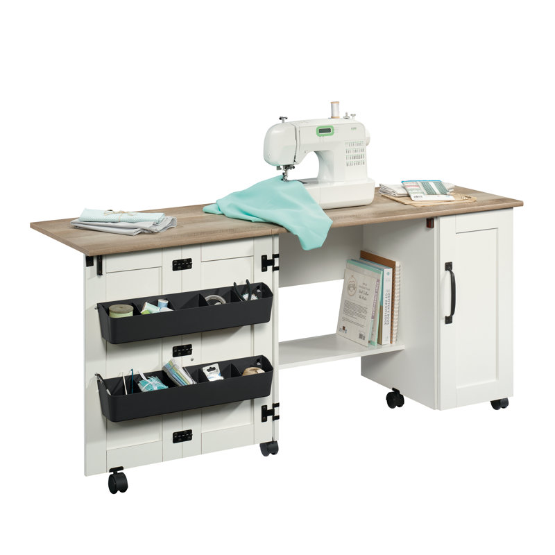 St. Nicholas Foldable Sewing Table with Wheels, Brown/Soft White