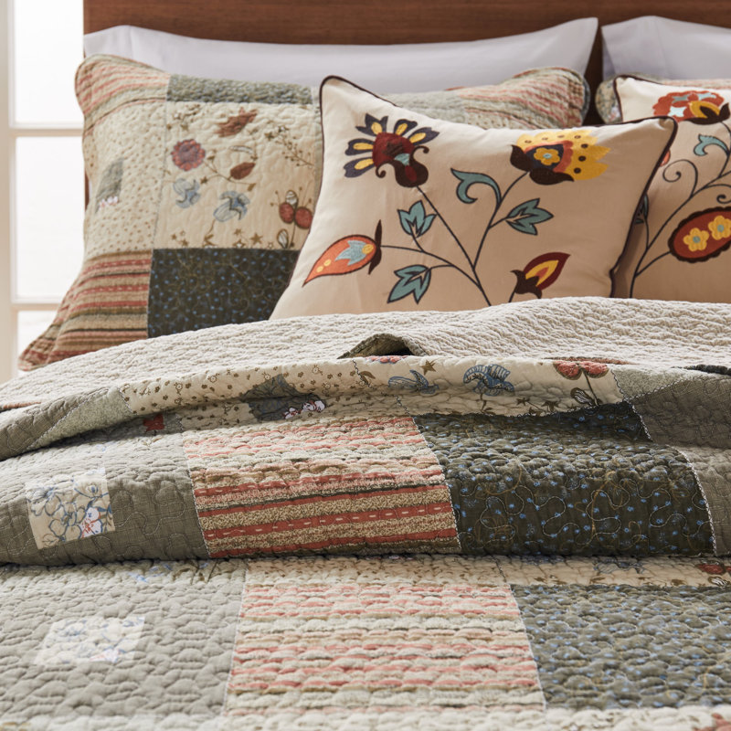 Gray and Beige Cotton Twin Quilt Set with Floral Embroidery