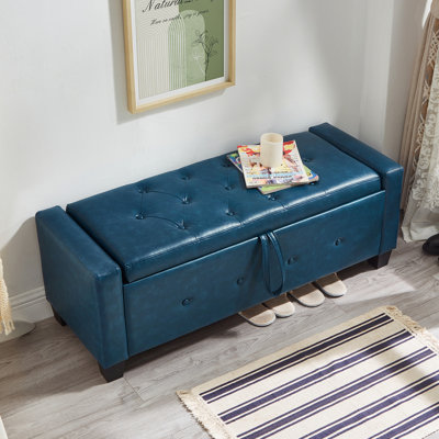 Banc ottoman capitonné en similicuir PU bleu de 122 cm (48 po) avec rangement pour chambre, salon ou couloir